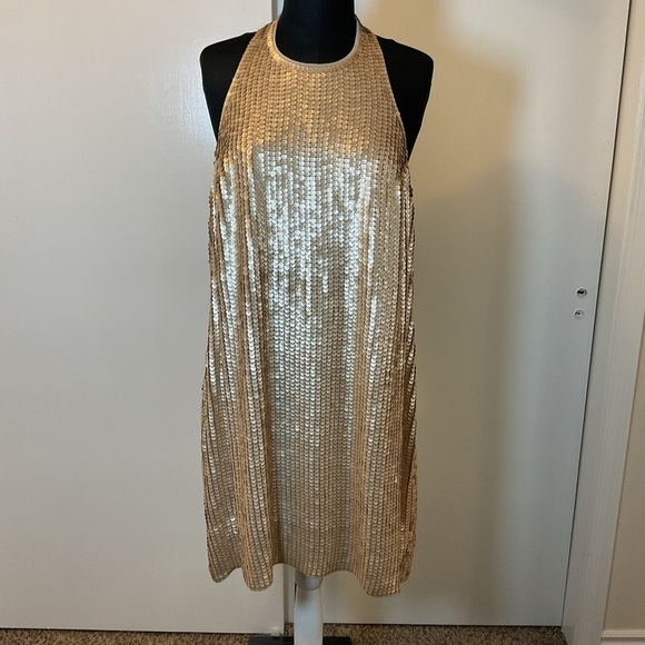 18. Express Sequin Halter Neck Open Back Mini Shift Dress Size XL - Picture 4 of 10